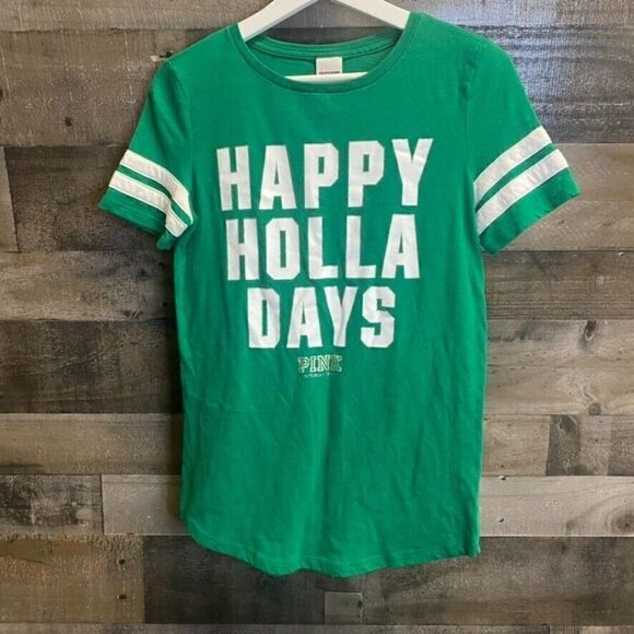 Victorias Secret PINK sz XS ~HAPPY HOLLA DAYS~ Tee-shirt Green/white - Picture 3 of 5